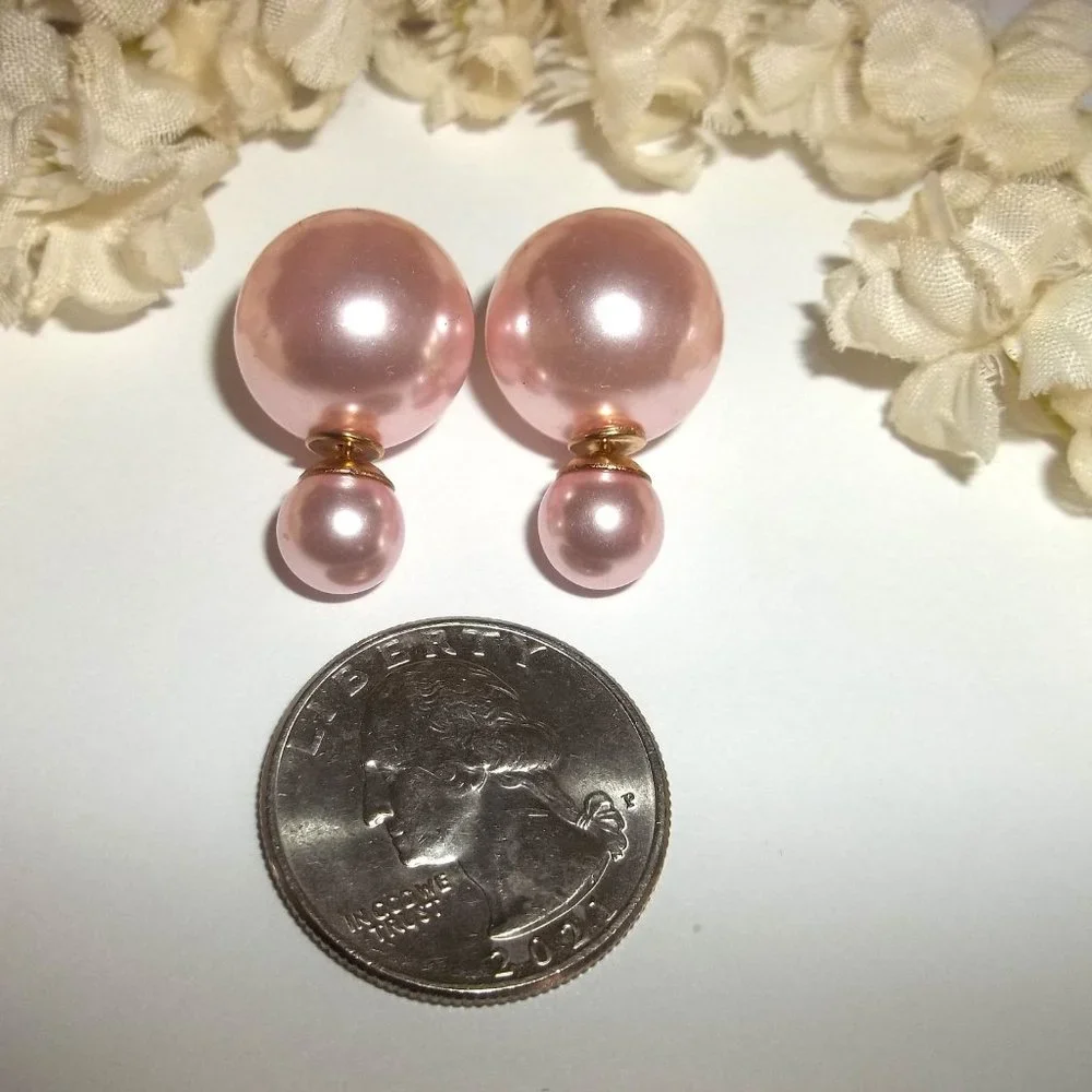 Double Sided Front and Back Earrings Pink Faux Pearl Gold Post Stud Pair C537 - Picture 2 of 6